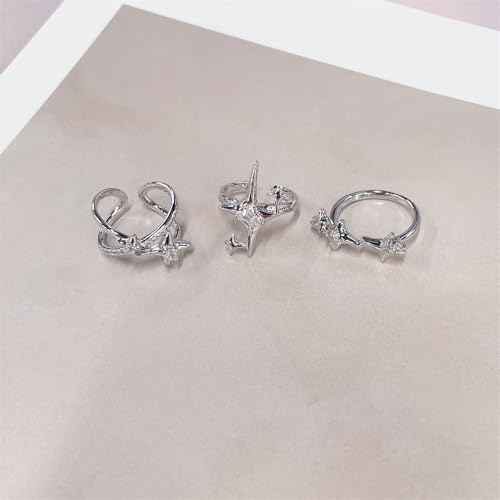 Y2k CZ Star Adjustable Open Stacking Rings for Women Men Vintage Punk Grunge Sparkling Crystal Cross Irregular Statement Stackable Finger Band Knuckle Rings Comfort Fit Fashion Jewelry 3Pcs Set