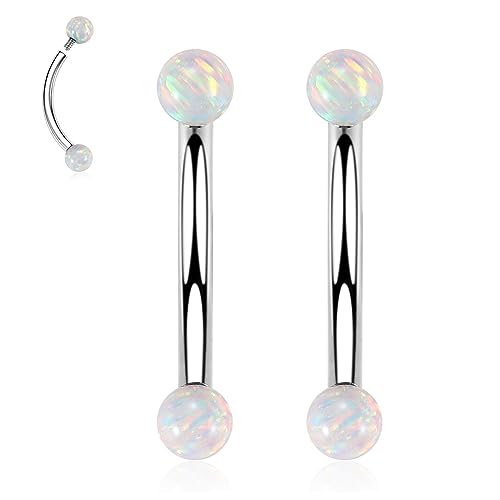 G23 Titanium Eyebrow Piercing Jewelry Eyebrow Rings Curved Barbell 16G Eyebrow Belly Button Ring Navel Rings Rook Daith Earrings Lip Ring Eyebrow Jewelry 6mm-12mm - color: 2PCS,Ball Shape White Opal,Silver