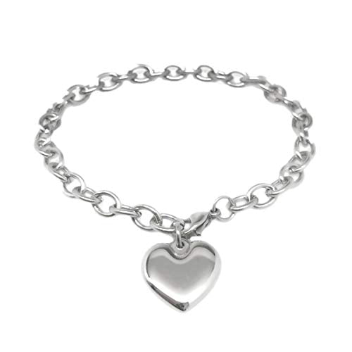 Adjustable Stainless Steel Bracelet with Chunky Chain, Puffy Heart Charm Silver Bracelet for Women, Engraveable Non-Tarnish Stainless Steel Charm Bracelet 7 and 8 inch lengths