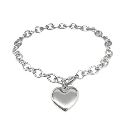 Adjustable Stainless Steel Bracelet with Chunky Chain, Puffy Heart Charm Silver Bracelet for Women, Engraveable Non-Tarnish Stainless Steel Charm Bracelet 7 and 8 inch lengths