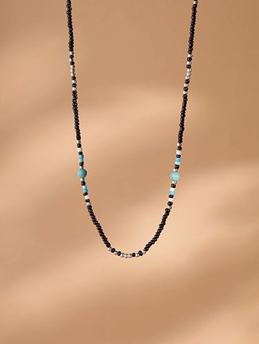 MINACHI Boho Black Turquoise-Tone Seed Bead Southwest Style Necklace | Black seed bead necklace with turquoise-tone resin accents, heishi disk pattern, silver-tone bead details, boho style