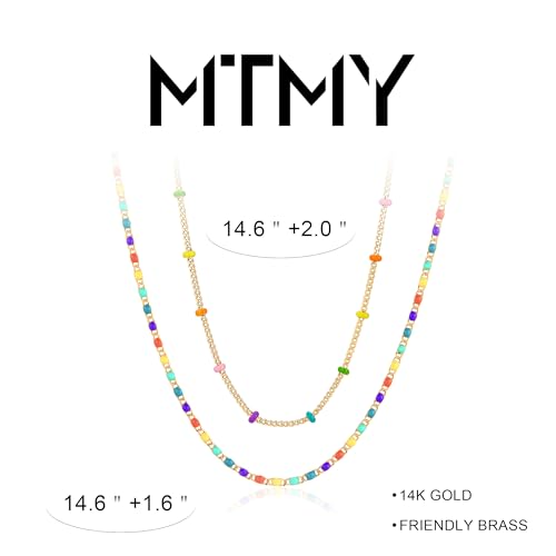MTMY Beaded Necklaces for Women 14K Gold Plated Dainty Colorful Green/Rose Beaded Pearl Choker Necklace Delicate Boho Choker Necklace Jewelry Gift - style: Layer-colorful beads