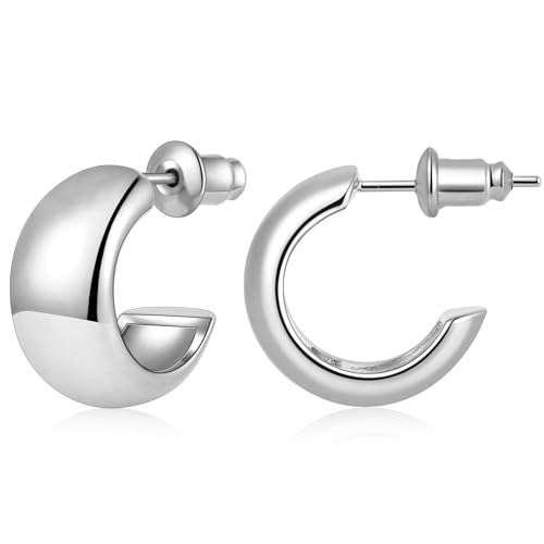 Gamicy Small Gold Hoop Earrings for Women with 925 Stering Silver Post | 14K Gold Plated Hoop Earrings for Women Trendy, Chunky Lightweight Hoops Earrings - color: Silver, size: 15MM