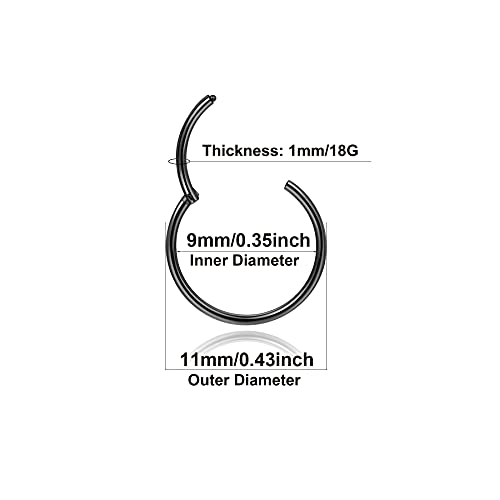 Lantine Black Hinged 20g 18g 16g Nose Rings Hoops 6mm 8mm 10mm 12mm 14mm 16mm Septum Ring Clicker Cartilage Helix Hoop Earrings Set - style: 18g 9mm 2pieces Set