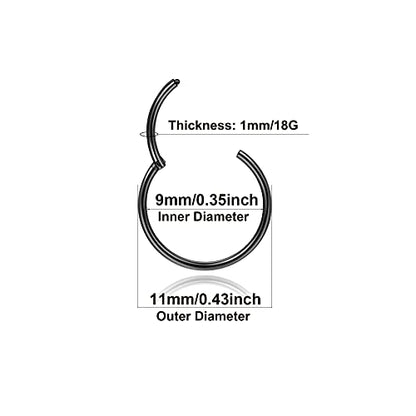 Lantine Black Hinged 20g 18g 16g Nose Rings Hoops 6mm 8mm 10mm 12mm 14mm 16mm Septum Ring Clicker Cartilage Helix Hoop Earrings Set - style: 18g 9mm 2pieces Set