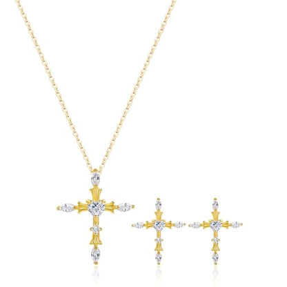 14K Gold Plated | 14K Platinum Plated Necklace for Women Necklace Earrings Set with Sparkling Zircon Inlay and Silver Post Earrings - color: Cross set Gold