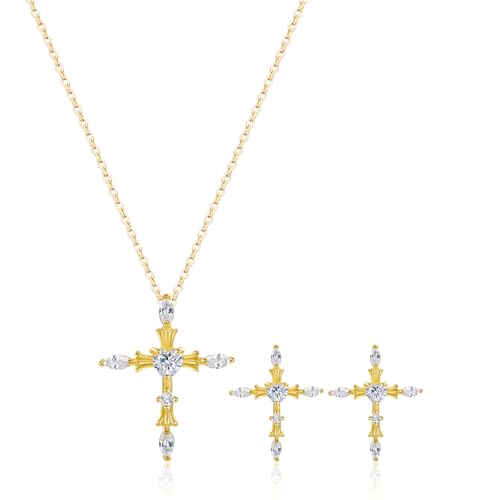 14K Gold Plated | 14K Platinum Plated Necklace for Women Necklace Earrings Set with Sparkling Zircon Inlay and Silver Post Earrings - color: Cross set Gold