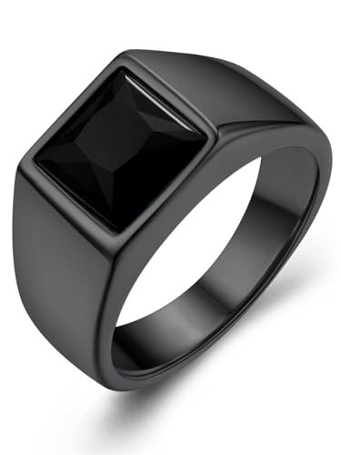 KeyStyle Square Gemstone Signet Rings for Men, Personalized Stainless Steel Pinky Ring with Black Onxy Blue Topaz Birthstone Statement Ring - color: Black -Black Onyx - 8mm
