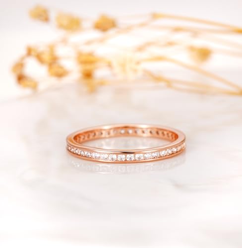 TIGRADE 2.5mm Women Anniversary Ring Cubic Zirconia Wedding Band CZ Stackable Ring Eternity Band Size 3-11 - color: Rose Gold