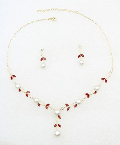 Faship Genuine Freshwater Pearls Floral Necklace Earrings Set | Premium CZ Crystal, Gorgeous, Sparkling - color: Red/Gold Plated