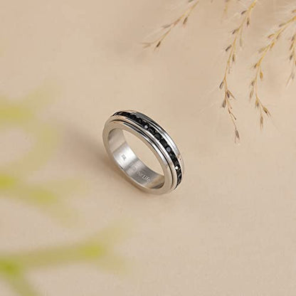 Muses Art Design Fidget Rings, Anxiety Rings, Spinner Rings, Band Rings with Birthstone, Stainless Steel, Women and Men, Meditation Rings, Thumb Rings, Stress Relieving and Anxiety Reducing - color: Black