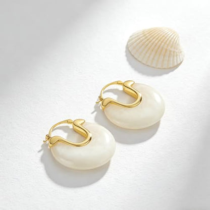 Cream White Chunky Lazy-Chic Hoop Earrings - Gold-Accented Resin Statement Hoops for Women, Trendy Daily & Vacation Jewelry