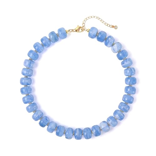 SHERLOVE Chunky Statement Large Resin Beaded Choker Necklaces for Women | Big Lightweight Bead Beaded Necklace Trendy Fashion Boho Summer Beach Vacation Jewelry - color: Beaded Choker Light Blue