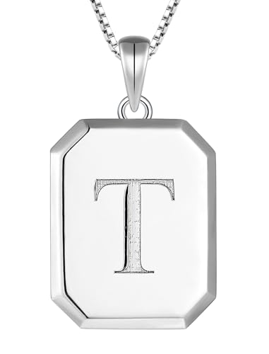 YL Initial Necklace 925 Sterling Silver Square/Round/Heart Letter Pendant A-Z Alphabet Polished Jewelry for Women - color: Letter-T, style: Square Shaped
