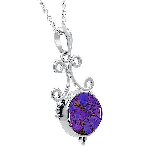 Natural Round Gemstone Pendant Necklace for Women, 925 Sterling Silver | Solitaire Birthstone Jewelry With 18 Inch Chain, Handmade Semi Precious Stone Pendant, Jewelry Gift for Mom, Wife & Sister - color: Purple Copper Turquoise