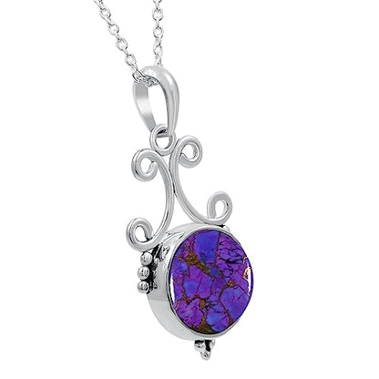 Natural Round Gemstone Pendant Necklace for Women, 925 Sterling Silver | Solitaire Birthstone Jewelry With 18 Inch Chain, Handmade Semi Precious Stone Pendant, Jewelry Gift for Mom, Wife & Sister - color: Purple Copper Turquoise
