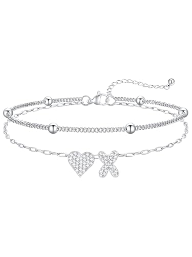 FaithHeart Initial Ankle Bracelets for Women Waterproof, Silver/Black/14k Gold Plated CZ Heart Initial Anklets Non Tarnish Stainless Steel Anklets for Women - color: Silver, size: X