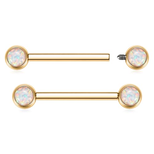 AROWRO Nipple Piercing Jewelry Nipple Rings Titanium Nipple Rings Implant Grade Hypoallergenic 14G Internally Threaded Straight Barbells with Cubic Zirconia Opal Gold Silver Rose Gold Black 12mm 14mm 16mm 18mm 20mm - color: Gold+White Opal