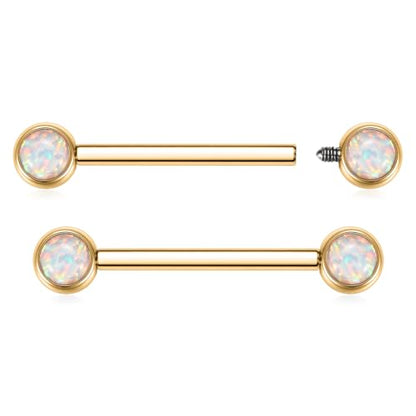 AROWRO Nipple Piercing Jewelry Nipple Rings Titanium Nipple Rings Implant Grade Hypoallergenic 14G Internally Threaded Straight Barbells with Cubic Zirconia Opal Gold Silver Rose Gold Black 12mm 14mm 16mm 18mm 20mm - color: Gold+White Opal