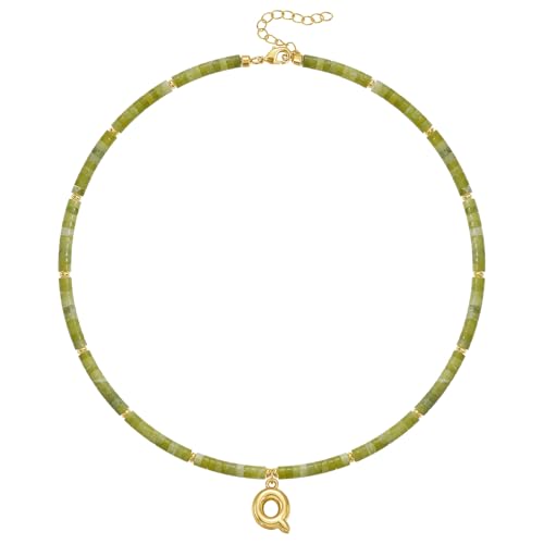 KELORIS PATH Beaded Initial Necklace for Women, 14K Gilded Plated Bubble Letter Pendant Natural Handmade Stone Choker Boho Colorful Summer Beach Jewelry Gift - color: Green Aventurine, style: Letter Q