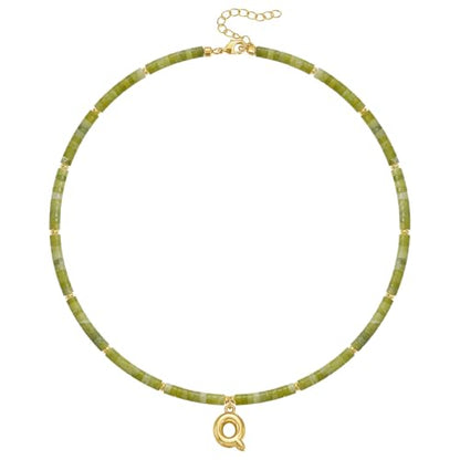 KELORIS PATH Beaded Initial Necklace for Women, 14K Gilded Plated Bubble Letter Pendant Natural Handmade Stone Choker Boho Colorful Summer Beach Jewelry Gift - color: Green Aventurine, style: Letter Q