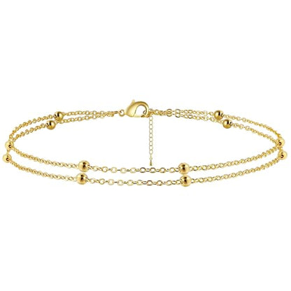 Dainty Simple Chain Anklet for Women 18k Gold/Silver Plated Summer Beach Beaded Evil Eye Moon Figaro Butterfly Satellite Cuban Pearl Flat Marina Anklet Gift - color: Layered Beaded Big -Gold