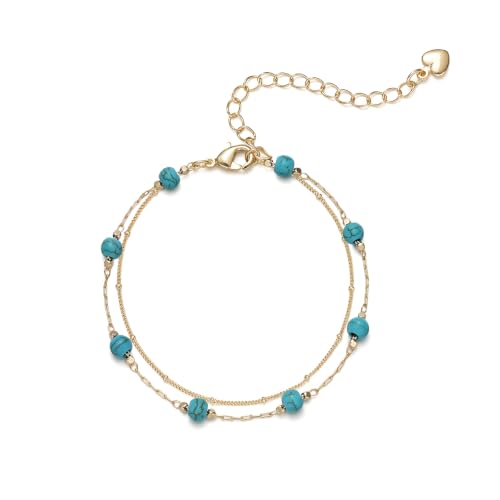 Gold Bracelets for Women Dainty 14K Gold Plated Layered Chain Bracelets Turquoise Green Aventurine Crystal Beaded Bracelets for Women - color: Turquoise