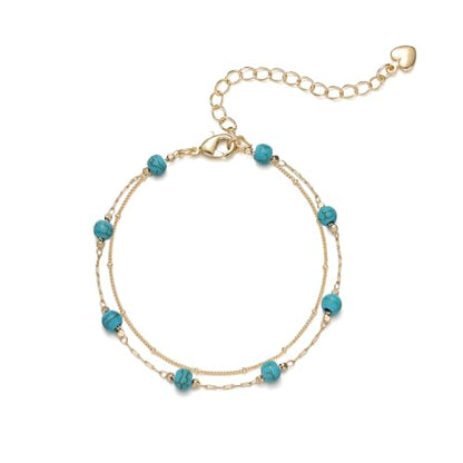 Gold Bracelets for Women Dainty 14K Gold Plated Layered Chain Bracelets Turquoise Green Aventurine Crystal Beaded Bracelets for Women - color: Turquoise