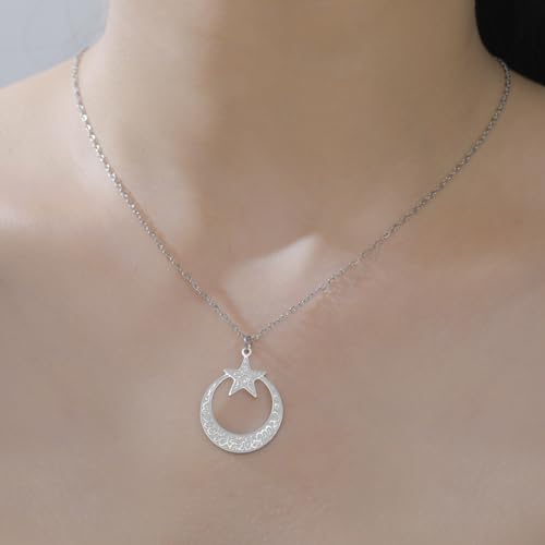 VASSAGO Islamic Ayatul Kursi Necklace Crescent Moon and Star Pendant Arabic Muslim Quran Calligraphy Allah Jewelry Stainless Steel Islam Eid Ramadan Gift for Women Men - color: Silver