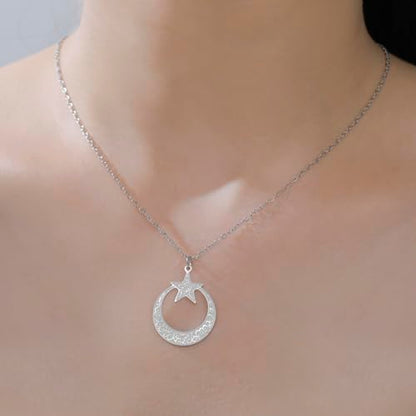 VASSAGO Islamic Ayatul Kursi Necklace Crescent Moon and Star Pendant Arabic Muslim Quran Calligraphy Allah Jewelry Stainless Steel Islam Eid Ramadan Gift for Women Men - color: Silver