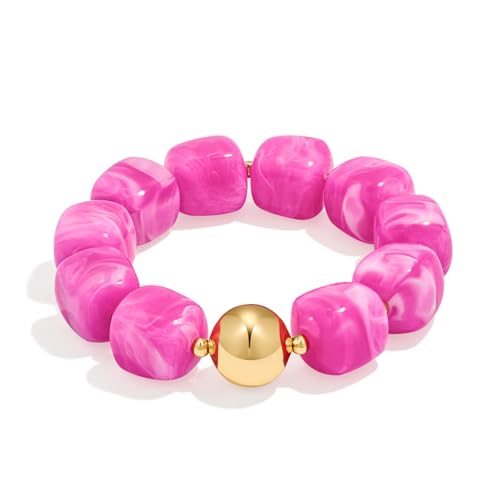 Multicolor Chunky Beaded Bracelet for Women Bold Acrylic Resin Stretch Bracelet Summer Beach Statement Bracelets Trendy Elastic Bangle Jewelry - color: Bead bracelet-rose red
