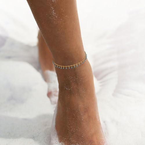 Gold Anklets for Women 14K Gold Plated Tiny Bead Anklet Colorful Tassel Foot Chain Dainty Adjustable Cute Summer Beach Boho Anklets Jewelry Gift - color: lake blue