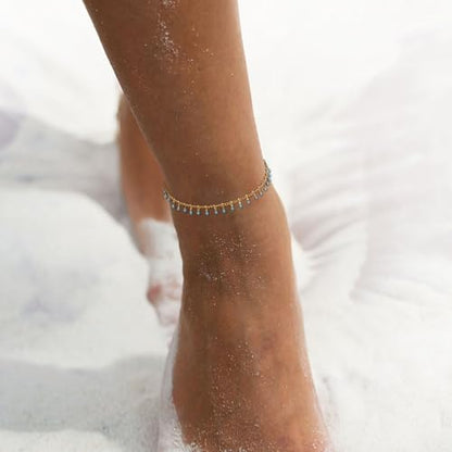 Gold Anklets for Women 14K Gold Plated Tiny Bead Anklet Colorful Tassel Foot Chain Dainty Adjustable Cute Summer Beach Boho Anklets Jewelry Gift - color: lake blue