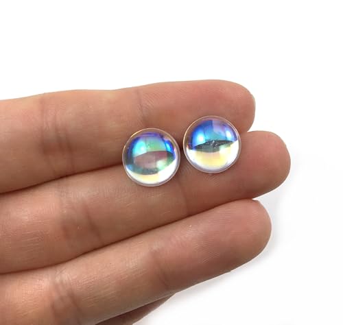 Iridescent Crystal Ball Stud Earrings, 10mm or 12mm Rainbow Holographic Studs, Titanium or Stainless Steel Posts