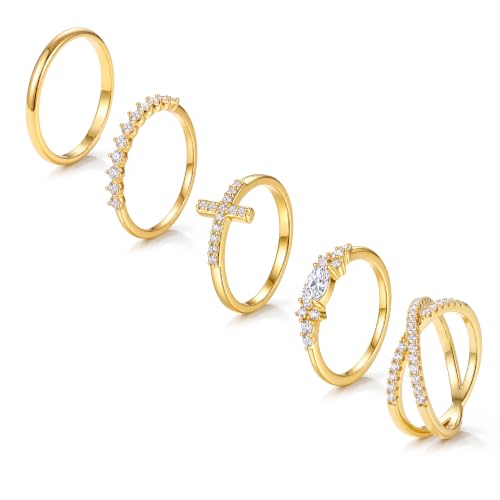 Sllaiss Stackable Gold Rings for Women Non-Tarnish 14K Gold Plated Ring Set | Non Tarnish, Dainty Stacking Ring Set, Ring Stack, Cubic Zirconia Thumb Rings, Promise Wedding Bands, Stackable Rings - color: 14K Gold Clear CZ
