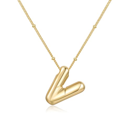 Gold Bubble Initial Necklace for Women Balloon Letter Necklace 18K Gold Plated Dainty Alphabet Pendant Puffy Name Personal Necklace - color: V