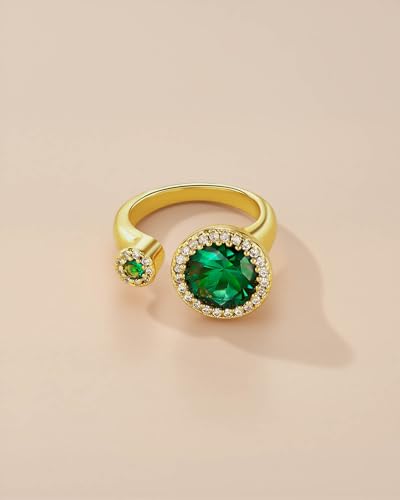 SNGIA 18K Gold Plated Adjustable Open Ring for Women Natural Stone CZ Statement Ring Tiger Eye Emerald Ruby Lapis Black Onyx Turquoise Evil Eye Boho Stackable Cocktail Ring Birthday Gift Jewelry - style: Emerald