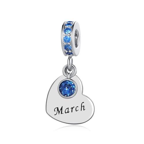 NARTGO January-December Birthstone Birthday Charm Heart Dangle Beads Jewelry Gift for Women Compatible with Pandora Bracelets & Necklaces - style: March Birthstone