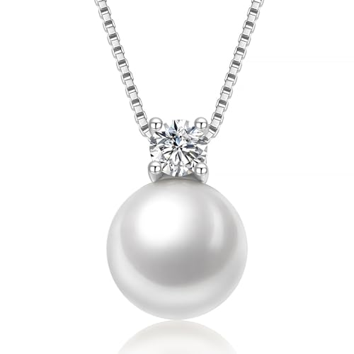 NUZON Sunburst Heart / 2-Tone Interlocking/CZ Evil Eye/Single Pearl/Love Heart Pendant Necklace for Women 14K Gold Chain Necklace Chunky Statement Jewelry - color: Pearl & Solitaire - Silver
