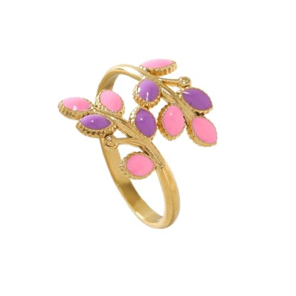18K Gold Plated Floral Leaf Ring for Women Promise Engagement Open Ring Adjustable Wrap Colorful Jewelry Gift - color: Purple