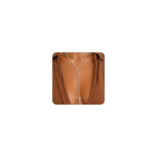 14K Gold Plated Layered Lariat Necklace for Women - Waterproof Non-Tarnish Dainty Gold Chain Necklace, Long Boho Statement Jewelry for Wedding, Prom, Summer Vacation Gifts - color: Cross Y Necklace-Silver
