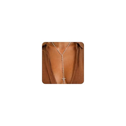 14K Gold Plated Layered Lariat Necklace for Women - Waterproof Non-Tarnish Dainty Gold Chain Necklace, Long Boho Statement Jewelry for Wedding, Prom, Summer Vacation Gifts - color: Cross Y Necklace-Silver