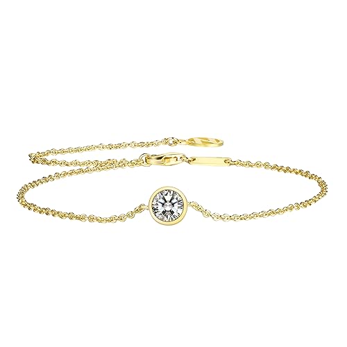 Solid 925 Sterling Silver Bracelets for Women, Dainty Interlocking Circles Cubic Zirconia Adjustable Chain Bracelet, Trendy Stackable Link Bracelets, Simple Cute Jewelry Gifts - color: Gold Bezel-Set CZ