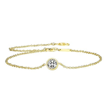 Solid 925 Sterling Silver Bracelets for Women, Dainty Interlocking Circles Cubic Zirconia Adjustable Chain Bracelet, Trendy Stackable Link Bracelets, Simple Cute Jewelry Gifts - color: Gold Bezel-Set CZ