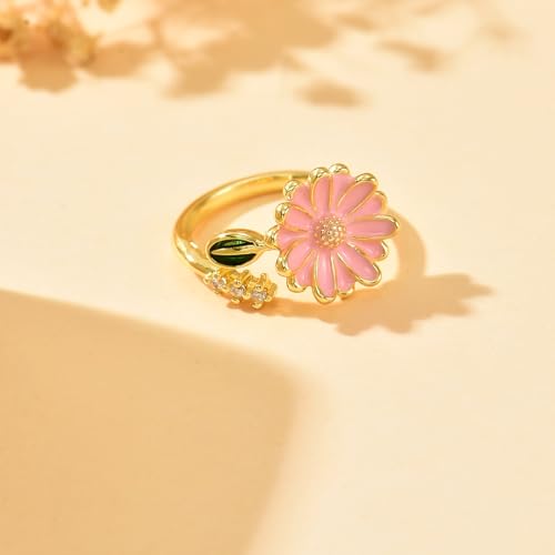 Adjustable Rings for Women 18K Gold Plated daisy Flower Butterfly Ball Cubic Zirconia Rings Dainty Open Stacking Ring - color: Pink Flower-Gold