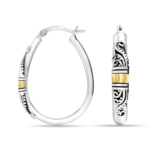 LeCalla 925 Sterling Silver Bali-Style Hoop Earrings Lightweight Click-Top Antique Two-Tone Beaded Italian Bali Style Earring Hoops for Women - style: Pear Bali-style