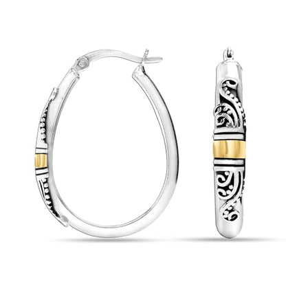 LeCalla 925 Sterling Silver Bali-Style Hoop Earrings Lightweight Click-Top Antique Two-Tone Beaded Italian Bali Style Earring Hoops for Women - style: Pear Bali-style