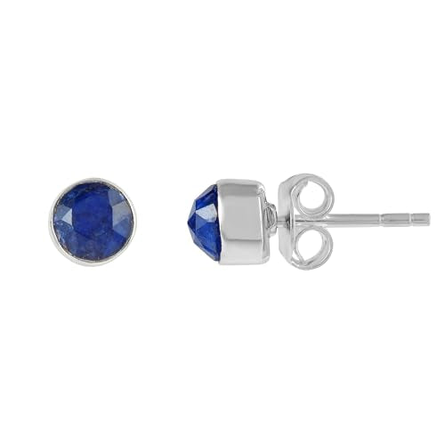 5 MM Natural Gemstone 925 Sterling Silver Hypoallergenic Studs Earrings Jewelry for Women Dainty Trendy Antiqued Silver Birthstone Earrings Jewelry Gifts for Women and Her - color: Blue Sapphire