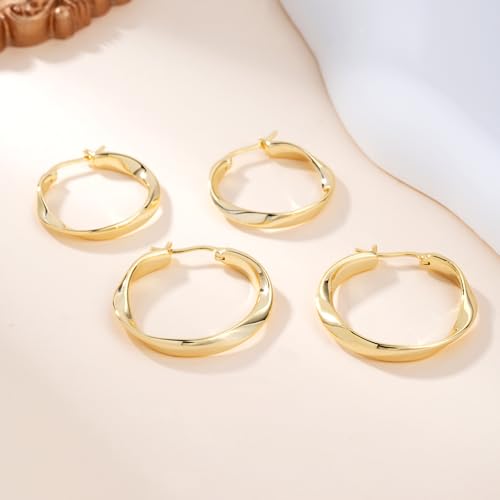 14K Gold Twisted Hoop Earrings for Women Thick Wave Gold Hoops Lightweight Hypoallergenic Elegant Jewelry 25/30MM - color: 25MM