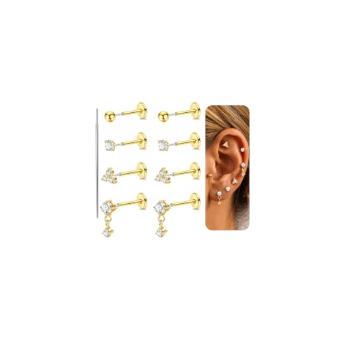 4Pairs 18G 20G G23 Titanium Threadless Flat Back Stud Earrings CZ Push in Nose Studs Hypoallergenic Tragus Cartilage Helix Conch Lip Labret Medusa Stud Piercing Jewelry - color: Gold, size: 20G